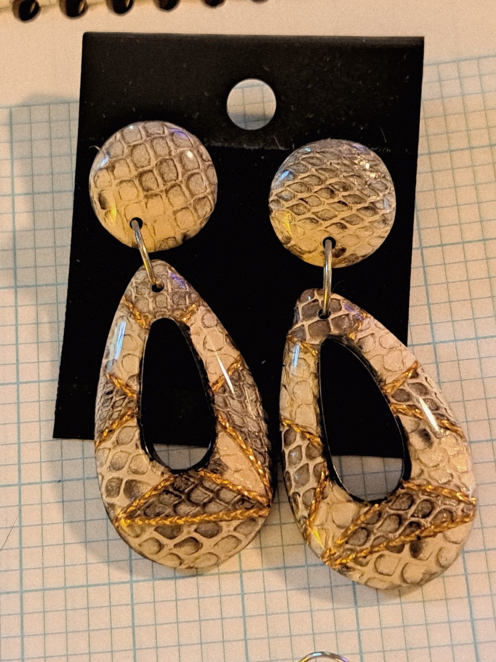 Snakeskin Teardrop Dangle Earrings in Cream and Gold